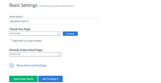 Página de configuración de formulario 