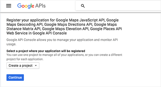 Crear un nuevo proyecto API de Google Maps 