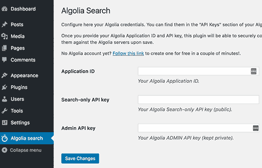Página de configuración del plugin de Algolia 
