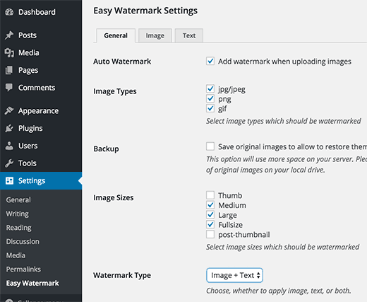 Configuración de plugin Easy Watermark 